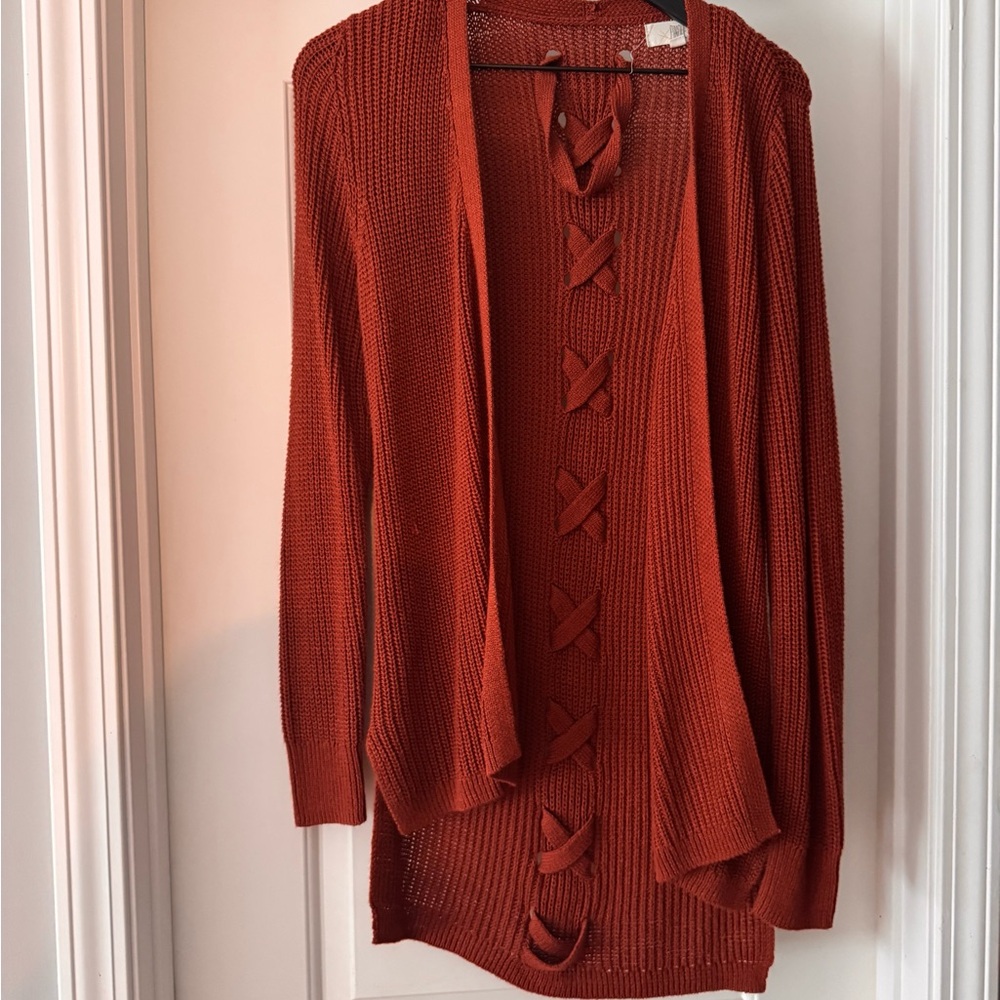 Elegant Rust Cardigan with Lace-Up Design